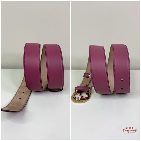 Authentic Gucci Pink Calfskin Leather Gold Interlocking G Buckle Belt 85/34 main image 9